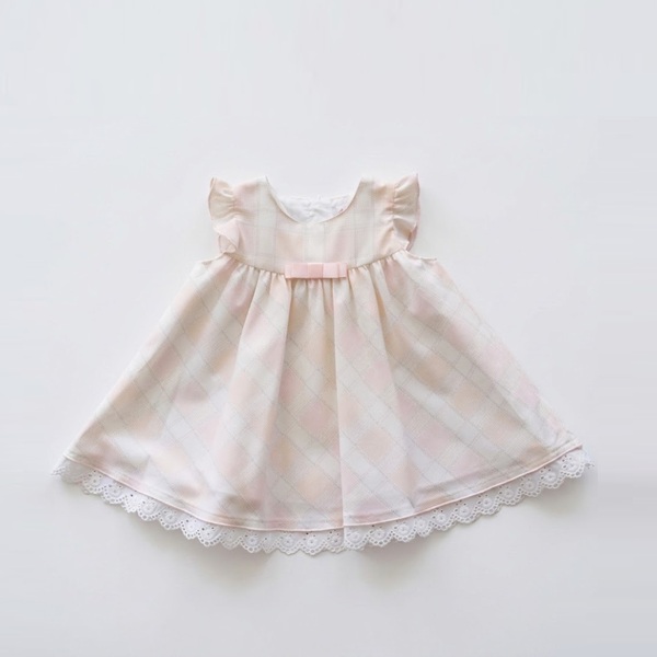 格紋拼接蕾絲裙襬荷葉袖純棉洋裝