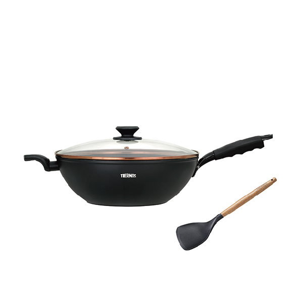 膳魔師黑曜晶岩不沾鍋(單柄附蓋炒鍋32cm)+不沾鍋專用木柄矽膠中式鍋鏟