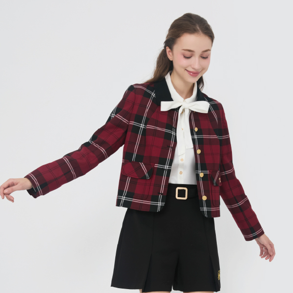 紅黑格TR羅紋領長袖外套