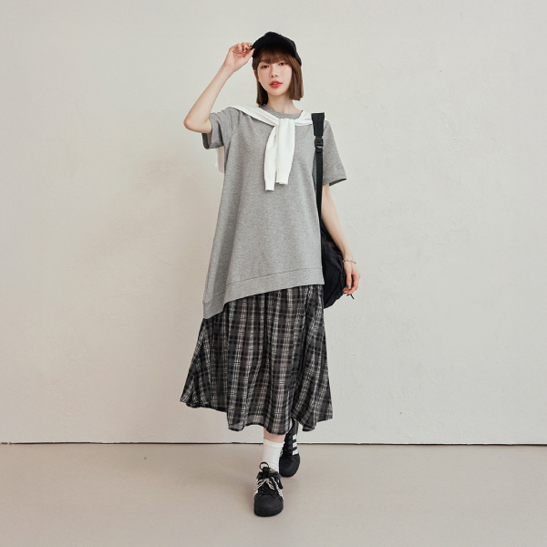 太空棉假兩件斜擺格紋長洋裝