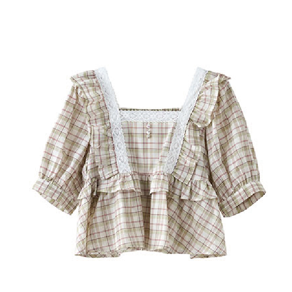 泡泡袖棉質荷葉邊上衣