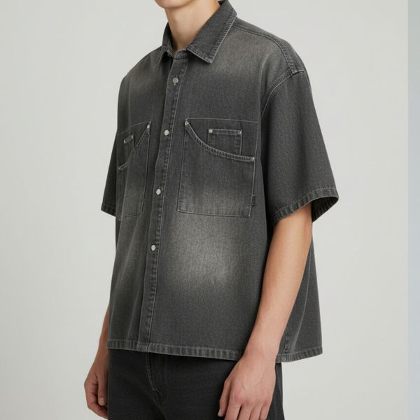 金屬撞釘 牛仔短版短袖襯衫